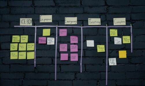 Tablica Kanban z kolorowymi karteczkami samoprzylepnymi na ciemnej ceglanej ścianie